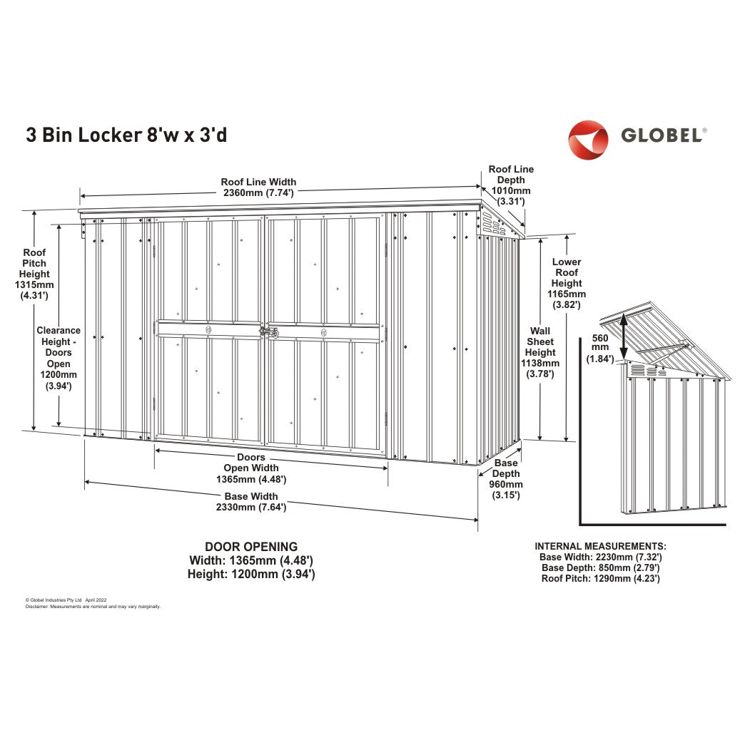 3 Bin Locker, 8 X 3 Ft, Double Hinged Doors, Smooth Cream