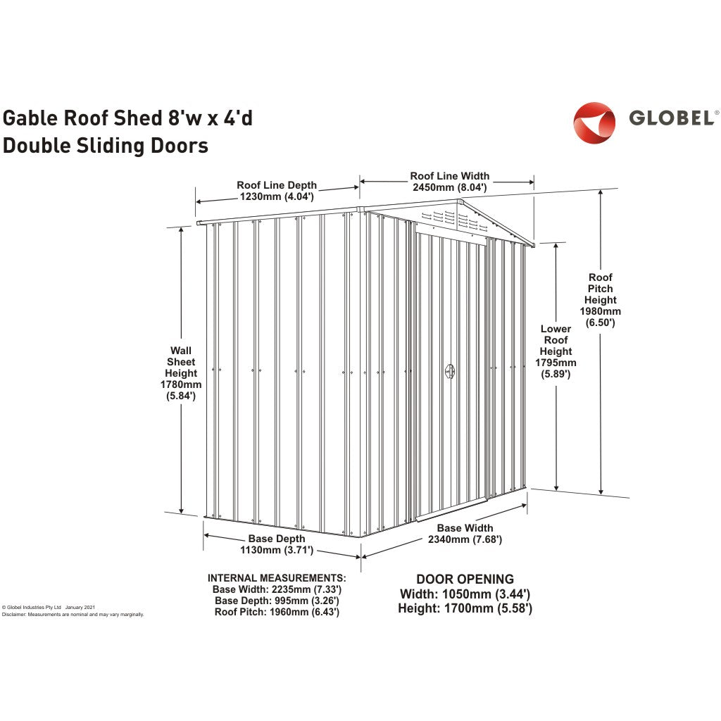 Gable Roof Shed, 8 X 4 Ft, Double Sliding Doors, Woodland Grey