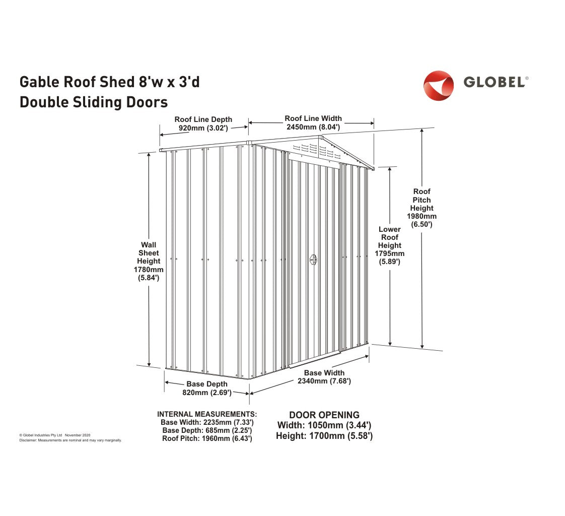Gable Roof Shed, 8 X 3 Ft, Double Sliding Doors, Smooth Cream