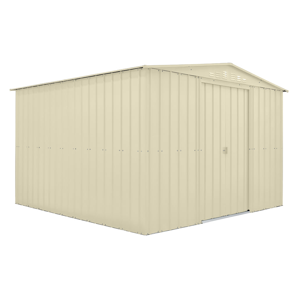 Gable Roof Shed, 10 X 10 Ft, Double Sliding Doors, Smooth Cream