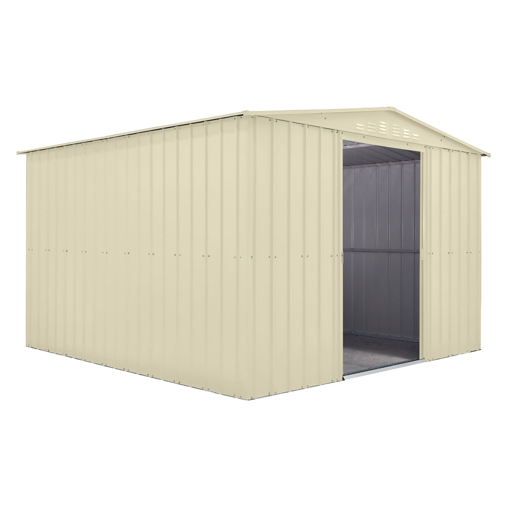 Gable Roof Shed, 10 X 10 Ft, Double Sliding Doors, Smooth Cream