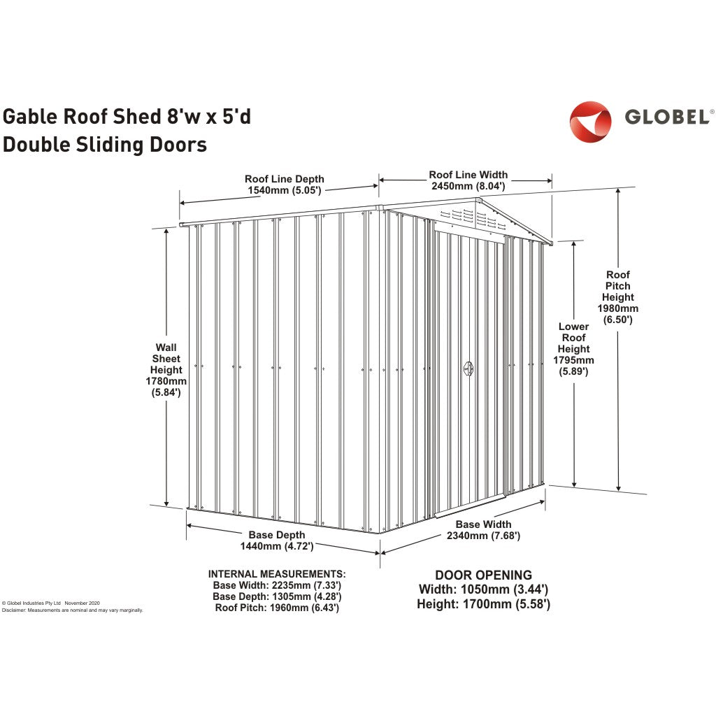 Gable Roof Shed, 8 X 5 Ft, Double Sliding Doors, Smooth Cream