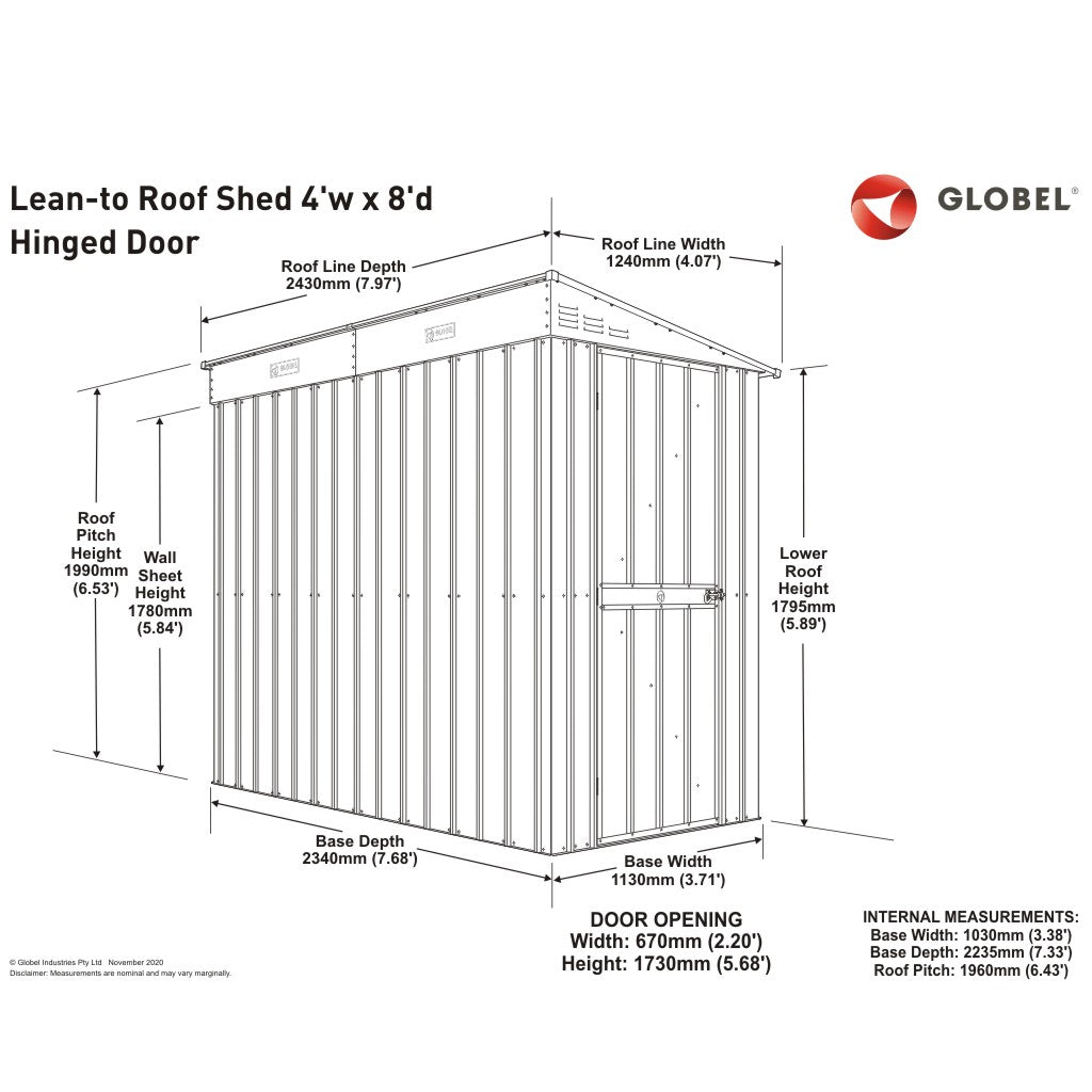 Lean-To Roof Shed, 4 X 8 Ft, Single Hinged Door, Woodland Grey